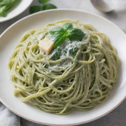 A plate of creamy green spaghetti served in a gourmet style.