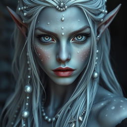 A captivating dark elf girl with light grey skin and numerous white freckles decorating her entire body