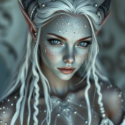 A captivating dark elf girl with light grey skin and numerous white freckles decorating her entire body