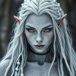 A captivating dark elf girl with light grey skin and numerous white freckles decorating her entire body