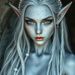 A captivating dark elf girl with light grey skin and numerous white freckles decorating her entire body