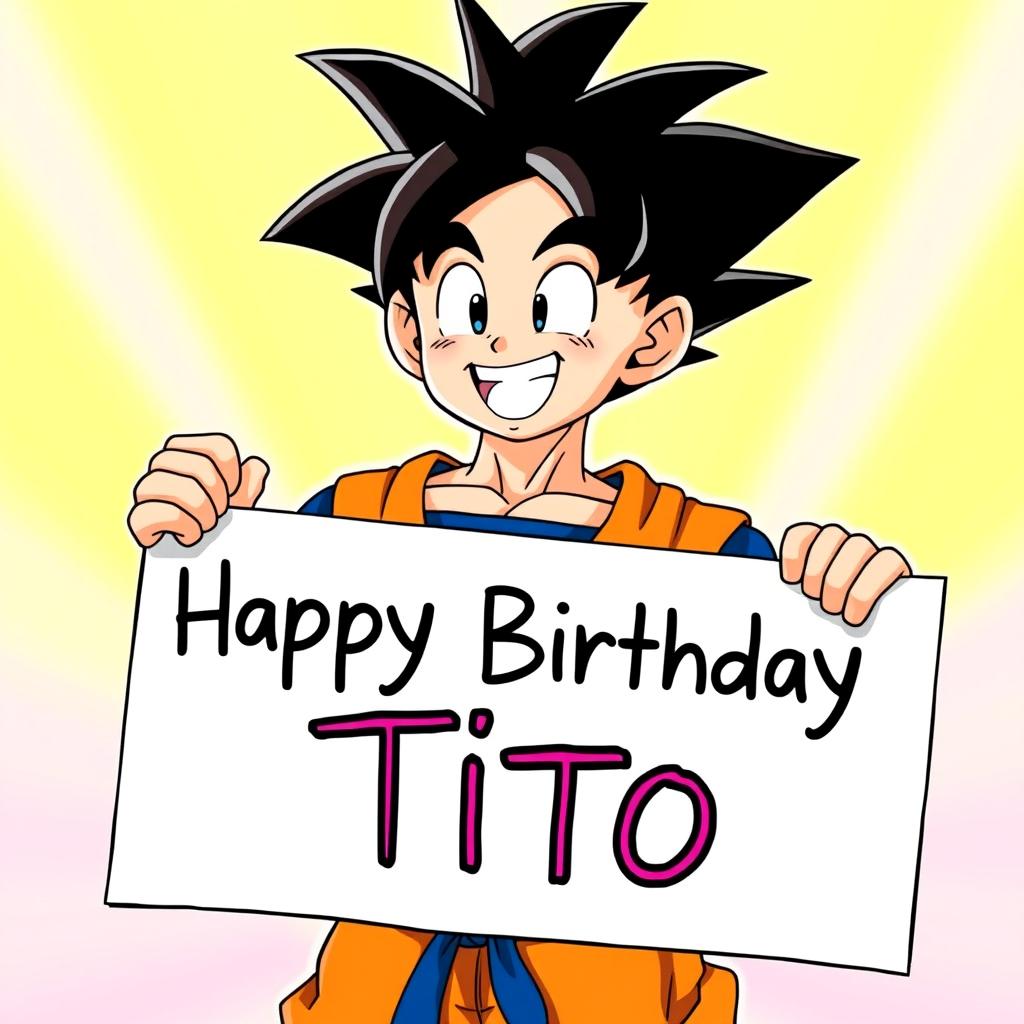 Goku from Dragonball Z holding a sign that says 'Happy Birthday Tito'