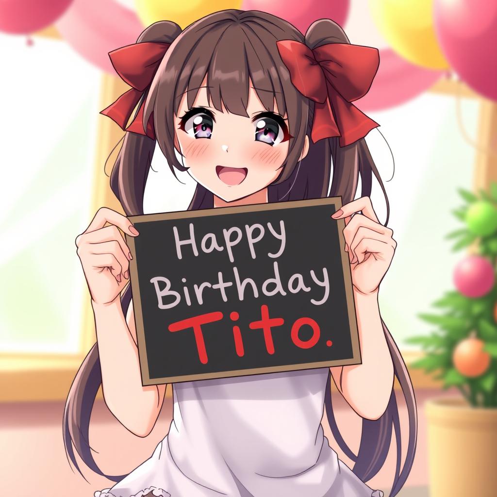A hot anime waifu holding a sign that says 'Happy Birthday Tito'