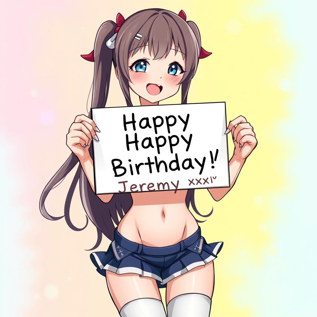 A hot anime waifu holding a sign that says 'Happy Birthday Jeremy xx'