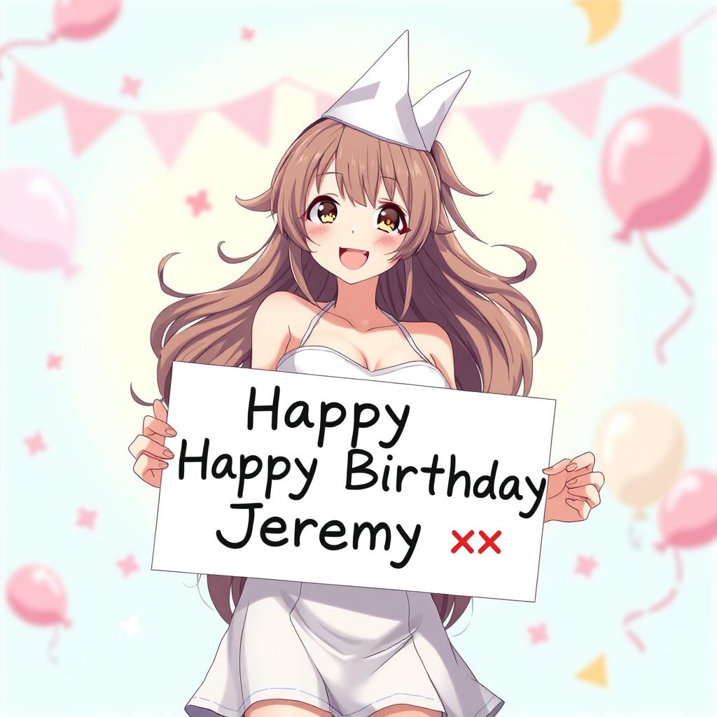 A hot anime waifu holding a sign that says 'Happy Birthday Jeremy xx'