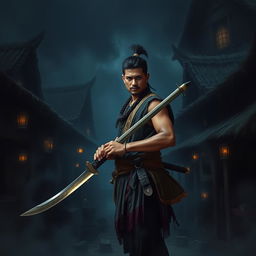 A Filipino man holding a bolo sword, standing in a dark fantasy village