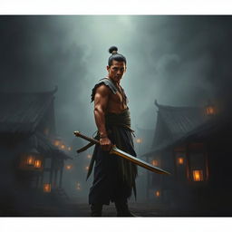 A Filipino man holding a bolo sword, standing in a dark fantasy village