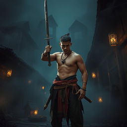 A Filipino man holding a bolo sword, standing in a dark fantasy village