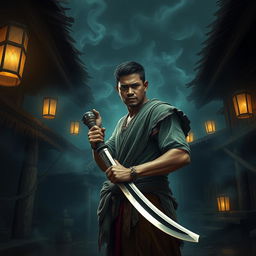 A Filipino man holding a bolo sword, standing in a dark fantasy village