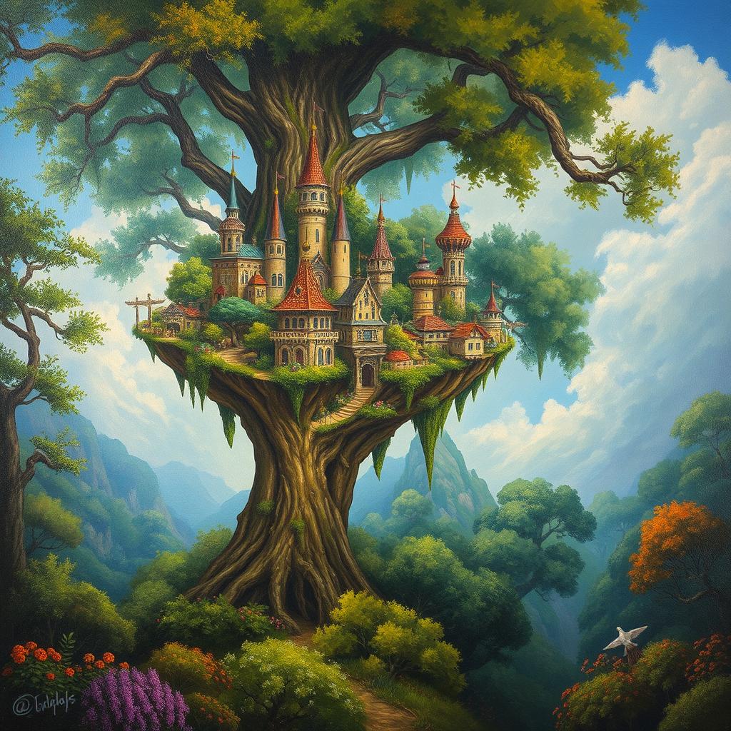 An oil painting of a fantasy city set in a lush forest