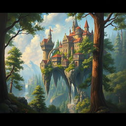 An oil painting of a fantasy city set in a lush forest