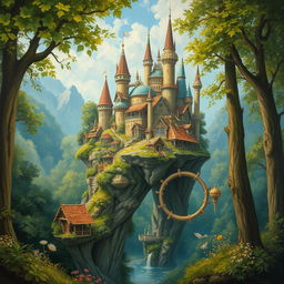 An oil painting of a fantasy city set in a lush forest