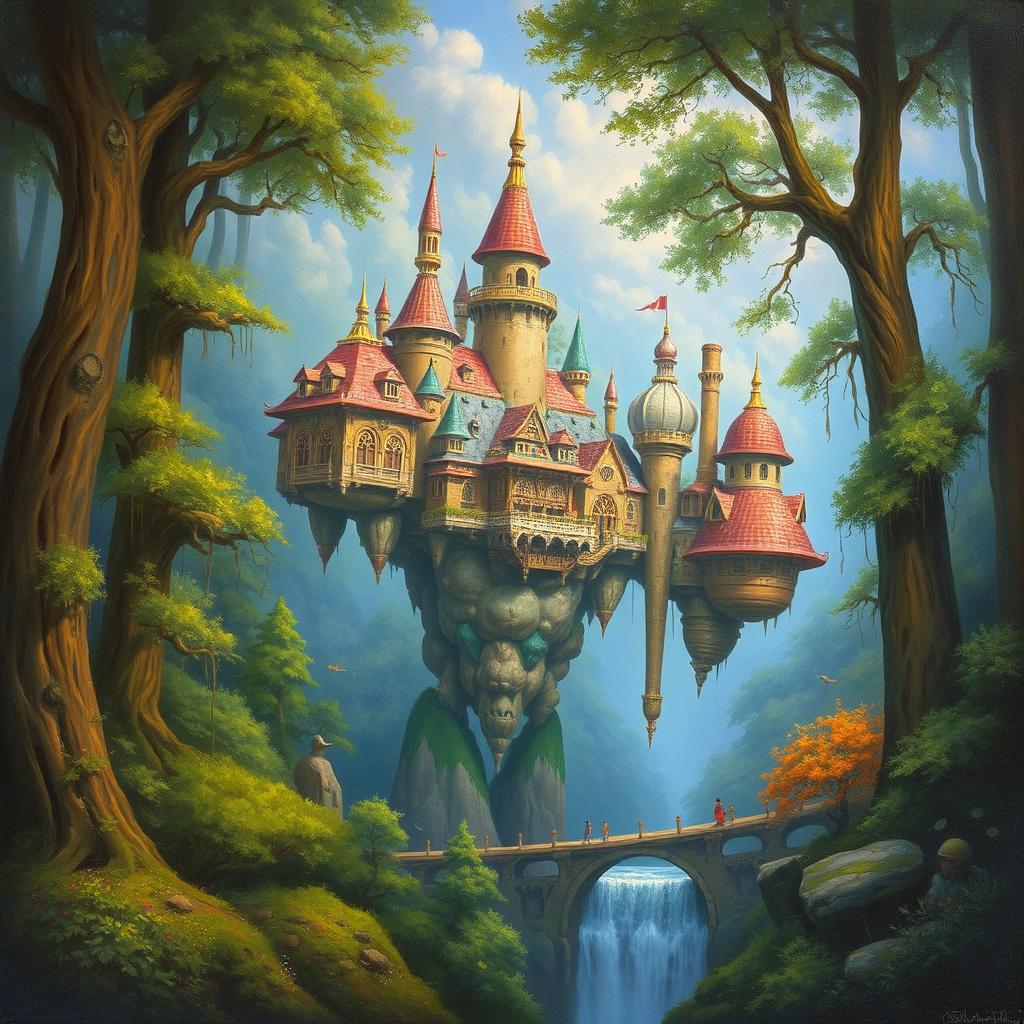 An oil painting of a fantasy city set in a lush forest
