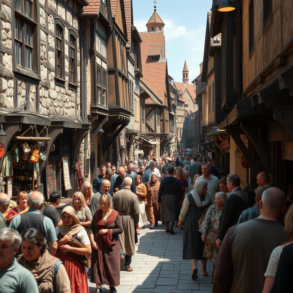 A busy medieval town street filled with people going about their daily lives