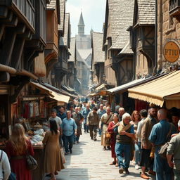 A busy medieval town street filled with people going about their daily lives