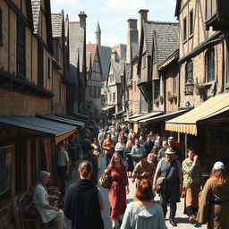 A busy medieval town street filled with people going about their daily lives