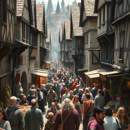 A busy medieval town street filled with people going about their daily lives