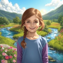 A young girl standing in a beautiful, serene landscape with a river flowing gently nearby, surrounded by lush greenery and colorful flowers