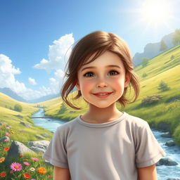 A young girl standing in a beautiful, serene landscape with a river flowing gently nearby, surrounded by lush greenery and colorful flowers