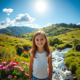 A young girl standing in a beautiful, serene landscape with a river flowing gently nearby, surrounded by lush greenery and colorful flowers