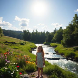 A young girl standing in a beautiful, serene landscape with a river flowing gently nearby, surrounded by lush greenery and colorful flowers