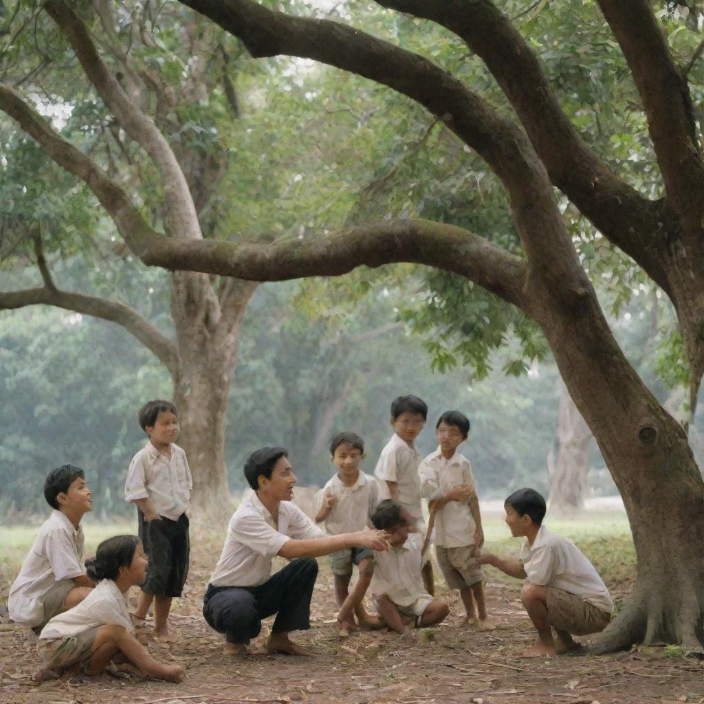 A deeply evocative image of a young Jose Rizal joyfully playing with a group of friends under the broad canopies of Philippine native trees, embodying innocence, camaraderie, and the spirit of childhood.