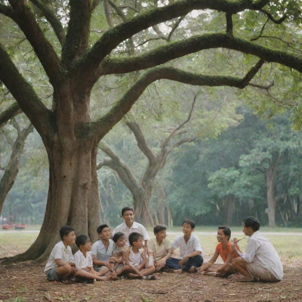 A deeply evocative image of a young Jose Rizal joyfully playing with a group of friends under the broad canopies of Philippine native trees, embodying innocence, camaraderie, and the spirit of childhood.