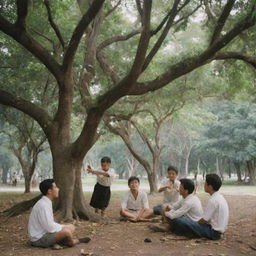 A deeply evocative image of a young Jose Rizal joyfully playing with a group of friends under the broad canopies of Philippine native trees, embodying innocence, camaraderie, and the spirit of childhood.