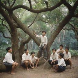 A deeply evocative image of a young Jose Rizal joyfully playing with a group of friends under the broad canopies of Philippine native trees, embodying innocence, camaraderie, and the spirit of childhood.