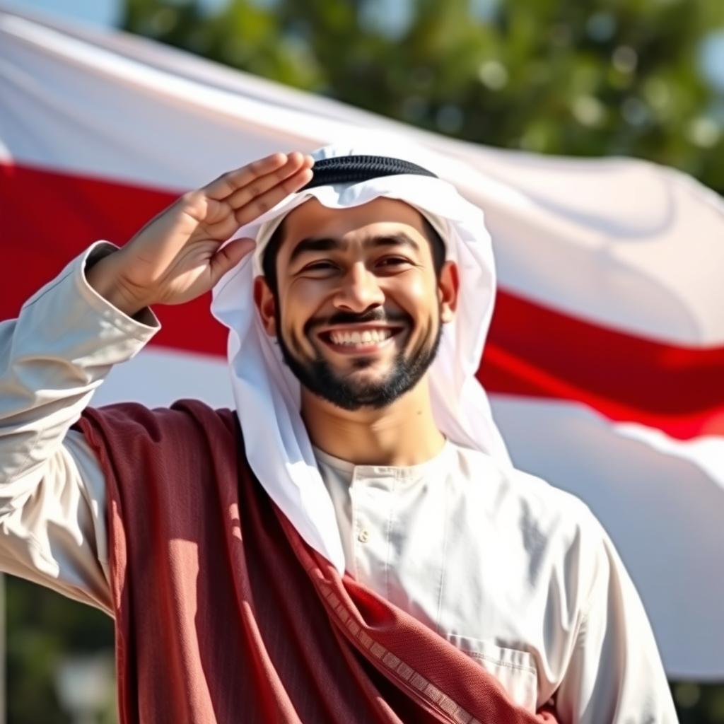 A cheerful Arab man smiling and saluting while standing in front of the Indonesian flag