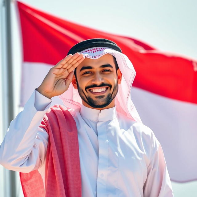 A cheerful Arab man smiling and saluting while standing in front of the Indonesian flag