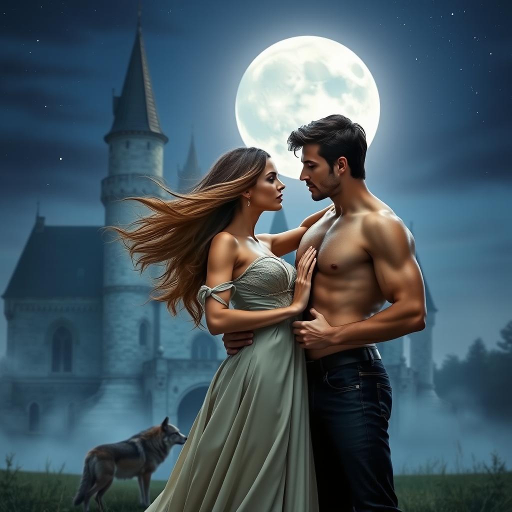 An attractive woman with flowing hair and an elegant dress stands in front of a castle with an attractive shirtless man