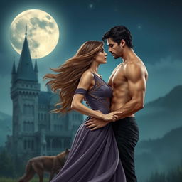 An attractive woman with flowing hair and an elegant dress stands in front of a castle with an attractive shirtless man