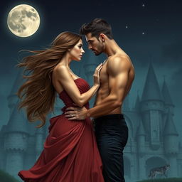 An attractive woman with flowing hair and an elegant dress stands in front of a castle with an attractive shirtless man