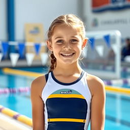 A 14-year-old girl wearing a water polo suit, standing by the poolside