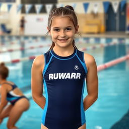 A 14-year-old girl wearing a water polo suit, standing by the poolside