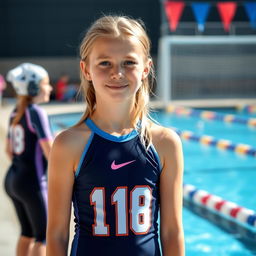 A 14-year-old blonde girl wearing a water polo suit, standing by the poolside