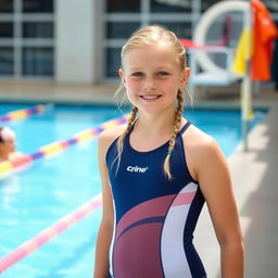 A 14-year-old blonde girl wearing a water polo suit, standing by the poolside