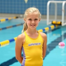 A 14-year-old blonde girl wearing a water polo suit, standing by the poolside