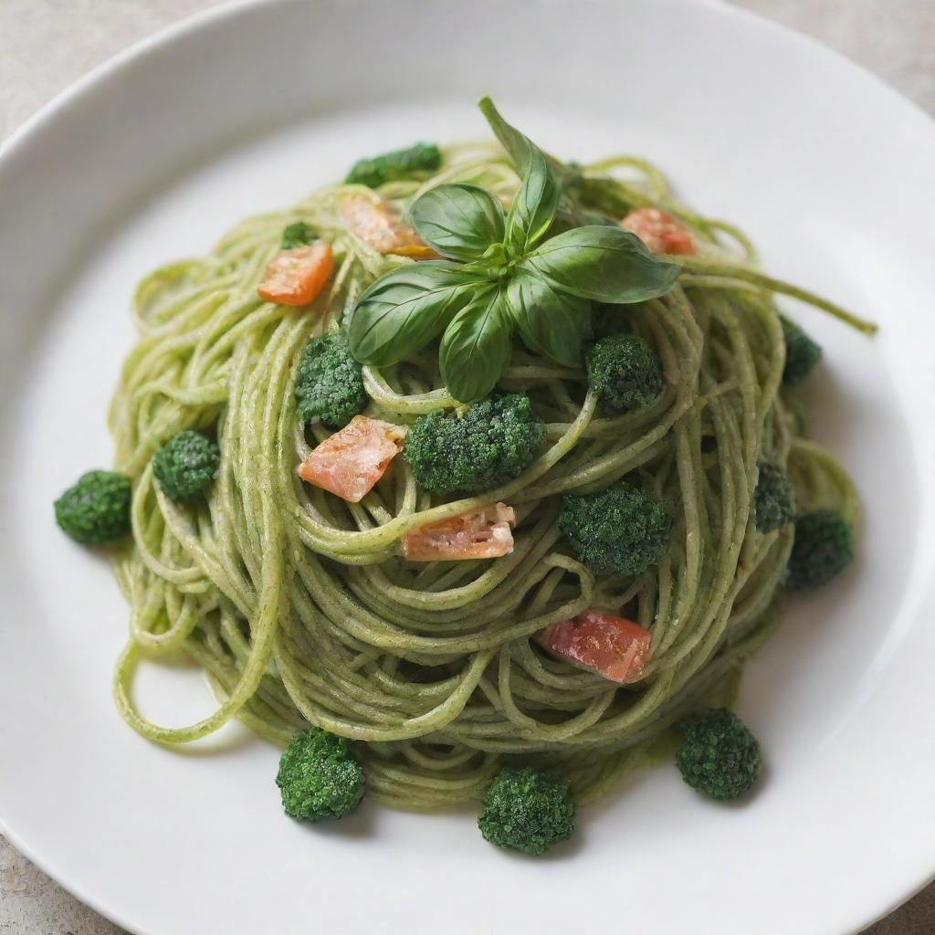 Artistically plateted green spaghetti in a gourmet presentation.