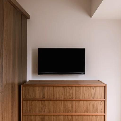 A minimalist interior wall featuring a mounted flat screen TV and a stylish wooden wardrobe