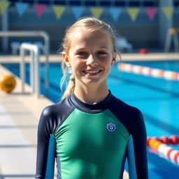 A 14-year-old blonde girl wearing a water polo suit, standing by the poolside