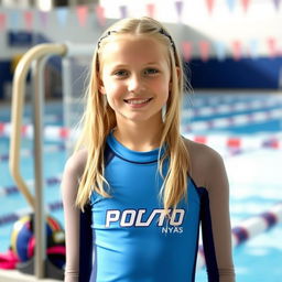 A 14-year-old blonde girl wearing a water polo suit, standing by the poolside