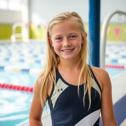 A 14-year-old blonde girl wearing a water polo suit, standing by the poolside