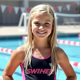 A 14-year-old blonde girl wearing a water polo suit, standing by the poolside