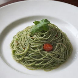 Artistically plateted green spaghetti in a gourmet presentation.