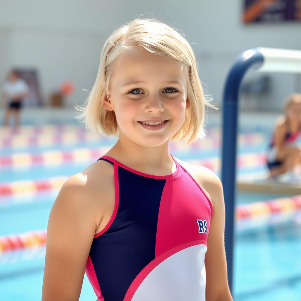 A 14-year-old blonde girl with short hair wearing a water polo suit, standing by the poolside