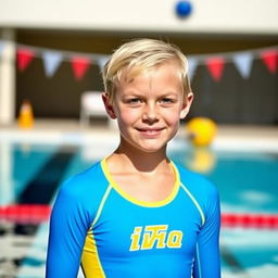 A 14-year-old blonde girl with short hair wearing a water polo suit, standing by the poolside