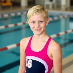 A 14-year-old blonde girl with short hair wearing a water polo suit, standing by the poolside