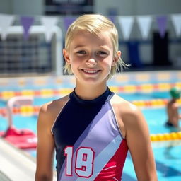 A 14-year-old blonde girl with short hair wearing a water polo suit, standing by the poolside